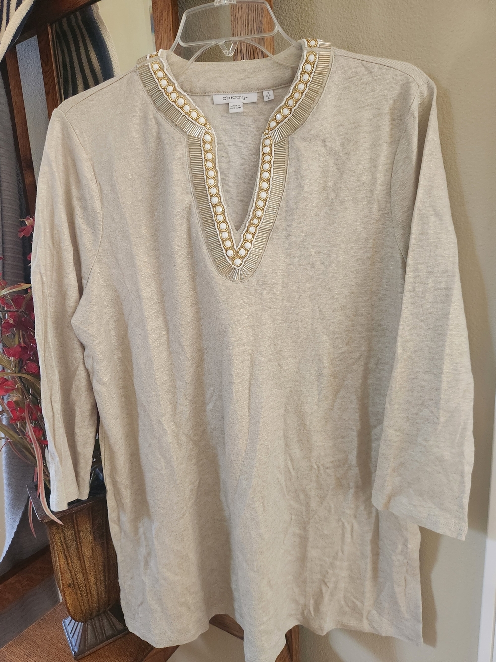 Chico's Beige Embellished V-Neck Women's Tunic